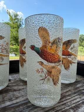 Set of 4 Vintage Pheasant Crinkle Glass Tumblers with Gold Rim